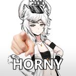  1girl absurdres animal_ears arknights armband bandeau bare_arms bare_shoulders black_gloves blush breasts cabbie_hat cliffheart_(arknights) commentary gloves gradient_background grey_background grey_eyes hand_on_own_hip hat highres krirk leopard_ears leopard_tail looking_at_viewer meme midriff navel no_horny_(meme) nose_blush pointing pointing_at_viewer short_hair single_glove sleeveless small_breasts smile snow_leopard_ears snow_leopard_girl snow_leopard_tail solo stomach strapless tail tube_top upper_body white_background white_hair white_hat 