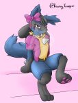  anthro blouse bow canid canine chest_spike clothing fluffy fluffy_ears girly hair hi_res jewelry kraorozkurogane lucario luka_(lucario) male mammal necklace nintendo paws pink_background pok&eacute;mon pok&eacute;mon_(species) purple_eyes shirt simple_background sitting solo spikes spikes_(anatomy) star topwear video_games 