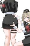  2girls absurdres armband ass ass_grab belt blonde_hair blue_eyes eyebrows_visible_through_hair girls_frontline gloves grin hat head_out_of_frame highres military_hat mp40_(girls_frontline) mp41_(girls_frontline) multiple_girls necktie short_hair smile surprised thigh_strap toryu_fufu uniform wrist_cuffs 