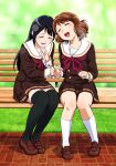  2girls bench black_hair brown_hair brown_serafuku closed_eyes hibike!_euphonium kousaka_reina long_hair multiple_girls open_mouth oumae_kumiko pleated_skirt school_uniform serafuku sitting skirt smile thighhighs uzuki_noboru_(denchuu_shoujo) wooden_bench zettai_ryouiki 