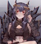 alternate_costume alternate_hairstyle arknights blue_hair breasts ch&#039;en_(arknights) cleavage cleavage_cutout clothing_cutout dragon_girl dragon_horns highres horns long_hair looking_at_viewer red_eyes sitting stomach vsa_(xmj173178) 