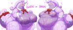  anthro big_breasts blush breasts duo female glistening glistening_body goodra hi_res huge_breasts hyper hyper_breasts japanese_text looking_at_viewer multicolored_body nintendo nipples overweight overweight_anthro pok&eacute;mon pok&eacute;mon_(species) puffy_nipples purple_body radiowave ribbons shirt_collar shirt_cuffs slime standing text thick_thighs two_tone_body video_games 