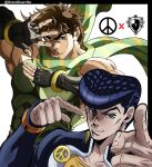  2boys adapted_uniform aqua_eyes artist_name black_gloves blue_eyes blue_hair brown_hair commentary covered_abs earrings english_commentary eyebrows father_and_son fingerless_gloves gakuran gloves grandguerrilla green_scarf hand_up higashikata_josuke highres jewelry jojo_no_kimyou_na_bouken jojo_pose joseph_joestar_(young) long_sleeves looking_at_viewer male_focus multiple_boys muscular muscular_male official_style peace_symbol pectorals pointing pompadour pose red_stone_of_aja scarf school_uniform sleeveless smirk striped striped_scarf stud_earrings symbol_commentary thick_eyebrows time_paradox 