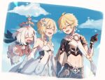  1boy 2girls aether_(genshin_impact) ahoge black_pants black_shirt blonde_hair brother_and_sister closed_eyes cloud crop_top detached_sleeves dress floating flower genshin_impact hair_between_eyes hair_flower hair_ornament halo kino_(m6t2a) lumine_(genshin_impact) midriff multiple_girls navel open_mouth paimon_(genshin_impact) pants pointing scarf shirt short_sleeves siblings sidelocks silver_hair sky standing white_dress white_flower white_scarf white_sleeves 