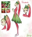  1girl absurdres blush breasts closed_mouth colored_skin full_body green_hair green_skin high_heels highres long_hair matilda_fiship medium_breasts monster_girl multicolored_hair multiple_views original personification photo-referenced plant_girl ponytail red_eyes red_hair rhubarb skirt smile standing 