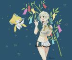  1girl bangs black_eyes blue_background blush breasts cleavage cleavage_cutout clothing_cutout cloud_print crossover gen_3_pokemon highres jirachi kantai_collection large_breasts long_hair m0tik0 mythical_pokemon open_mouth pokemon pokemon_(creature) short_sleeves silver_hair simple_background star_(symbol) tassel twitter_username unryuu_(kancolle) 