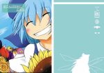  1girl blue_bow blue_hair blush bow cirno closed_eyes commentary_request cover cover_page facing_viewer flower grin hair_bow ice ice_wings medium_hair non_(nuebako) smile sunflower touhou translation_request wings 