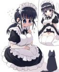  ... 1girl animal apron black_eyes black_hair breasts cat dress dress_lift finger_to_mouth flashing flying_sweatdrops highres large_breasts lifted_by_self maid maid_apron maid_headdress naitou_kouse original panties ponytail shushing spoken_ellipsis striped striped_panties thighhighs translated underwear white_background white_legwear 