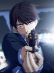  1boy aiming_at_viewer bangs black_hair blue_jacket blurry blurry_background closed_mouth collared_shirt commentary_request dated depth_of_field facial_hair fingernails gun hair_between_eyes handgun highres holding holding_gun holding_weapon jacket kouno_kb long_sleeves looking_at_viewer male_focus meitantei_conan purple_eyes scotch_(meitantei_conan) serious shirt short_hair signature solo stubble upper_body weapon white_shirt 