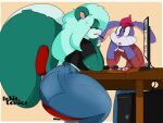  2019 4:3 anthro big_butt bottomwear breasts butt chair clothing computer cross-popping_vein curvy_figure denim denim_clothing digital_media_(artwork) duo female fingers fur furniture green_body green_fur hair hi_res hourglass_figure huge_butt inkit89 jeans lagomorph leporid male mammal mephitid midriff midriff_baring_shirt multicolored_body multicolored_fur pants purple_body purple_fur rabbit red_hair simple_background simple_eyes sitting skunk teal_(inkit89) teal_hair teeth thick_thighs tongue voluptuous white_body white_fur wide_hips 