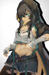  1girl :d absurdres arknights bandaged_arm bandages bangs belt black_belt black_coat black_hair black_legwear black_nails blue_eyes breasts chinese_commentary clearhand cleavage coat commentary_request cowboy_shot crop_top crop_top_overhang cutoffs fangs flint_(arknights) grey_background groin hair_between_eyes highres hooded_coat huge_filesize long_hair medium_breasts midriff nail_polish navel open_clothes open_coat open_mouth short_shorts shorts smile solo standing stomach tank_top torn_clothes torn_legwear white_tank_top wrist_wrap 