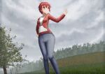 1girl bangs blue_pants blush breasts closed_mouth cloud cloudy_sky commentary commission day drawstring english_commentary eyebrows_visible_through_hair grass hair_between_eyes hand_on_hip hand_up highres jacket long_sleeves looking_away looking_to_the_side original outdoors pants prophosphere red_eyes red_hair red_jacket shirt sky small_breasts smile solo standing tree white_shirt 