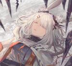  1girl animal_ears arknights bangs bingansuan_jiamouren bunny_ears commentary_request frostnova_(arknights) hair_ornament hair_over_one_eye hairclip highres jacket long_hair looking_up lying on_back scar scar_on_face scar_on_nose silver_eyes upper_body white_hair 