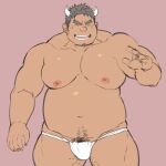  1boy bara belly bulge character_request cowboy_shot cutiebell dark_skin dark_skinned_male facial_hair forked_eyebrows fundoshi japanese_clothes large_pectorals leg_hair male_focus male_pubic_hair manboobs muscular muscular_male navel navel_hair nipples pectorals plump pubic_hair short_hair sideburns smile solo stomach stubble thick_eyebrows thick_thighs thighs tokyo_houkago_summoners underwear underwear_only white_male_underwear 