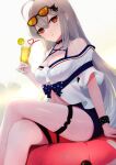  1girl arknights bangs bare_legs bare_shoulders breasts choker cleavage commentary crossed_legs cup drinking_straw eyebrows_visible_through_hair eyewear_on_head food fruit hair_between_eyes highres holding holding_cup infection_monitor_(arknights) juice large_breasts legs lemon lemon_slice long_hair looking_at_viewer off-shoulder_shirt off_shoulder official_alternate_costume orange_eyes shinoeda shirt silver_hair sitting sitting_on_object skadi_(arknights) skadi_(waverider)_(arknights) solo stuffed_animal stuffed_toy sunglasses thigh_strap thighs very_long_hair white_shirt 