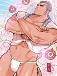  1boy abs aizen_(tokyo_houkago_summoners) alternate_skin_color bara bare_shoulders black_hair bulge cosplay_request cowboy_shot crossed_arms cutiebell dark_skin dark_skinned_male dutch_angle fundoshi happi japanese_clothes kimono large_pectorals long_sideburns looking_at_viewer male_cleavage male_focus muscular muscular_male navel nipples open_clothes open_kimono pectorals short_hair short_kimono sideburns sleeves_rolled_up solo stomach thick_thighs thighs tokyo_houkago_summoners white_male_underwear 