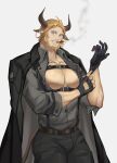  1boy adjusting_clothes adjusting_gloves animal_ears arknights bara bare_pectorals beard black_pants blonde_hair bulge character_request chest_harness cigar coat coat_on_shoulders cow_boy cow_ears cow_horns cow_tail cowboy_shot facial_hair gloves grey_shirt harness highres horns large_pectorals looking_at_viewer male_focus mao_ten_go mature_male muscular muscular_male nipples pants partially_unbuttoned pectorals shirt short_hair smoking solo tail thick_thighs thighs tight tight_pants 