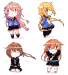  4girls antenna_hair bangs black_legwear black_serafuku black_skirt blonde_hair brown_hair bunny_hair_ornament chibi closed_eyes crescent crescent_hair_ornament fumizuki_(kancolle) glasses hair_between_eyes hair_ornament highres kantai_collection long_hair long_sleeves low-tied_long_hair low_twintails mochizuki_(kancolle) multiple_girls open_mouth pink_hair pleated_skirt poipoi_purin red-framed_eyewear remodel_(kantai_collection) sailor_collar satsuki_(kancolle) school_uniform serafuku sidelocks simple_background skirt smile thighhighs traditional_media twintails uzuki_(kancolle) very_long_hair white_background white_legwear wind 