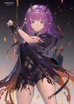  1girl absurdres arknights bingansuan_jiamouren burnt_clothes demon_girl demon_horns highres horns knife looking_at_viewer pointy_ears purgatory_(arknights) purple_eyes purple_hair short_hair shorts solo weapon 