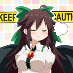  1girl :t =3 ahoge bangs black_wings blush bow breasts brown_hair cato_(monocatienus) caution_tape center_frills closed_eyes commentary_request frilled_shirt_collar frills green_bow hair_bow highres long_hair medium_breasts outline pout puffy_short_sleeves puffy_sleeves reiuji_utsuho shirt short_sleeves solo touhou upper_body white_outline white_shirt wings 