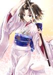  1girl absurdres black_eyes brown_hair hair_intakes highres holding holding_sheath holding_sword holding_weapon japanese_clothes kara_no_kyoukai kimono long_sleeves obi petals print_kimono ryougi_shiki sash sheath shiny shiny_hair short_hair solo standing sword unsheathed weapon white_background white_kimono wide_sleeves yu_sa1126 