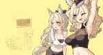  4girls ;d animal_ear_fluff animal_ears arknights armpits arms_up bare_arms bare_shoulders black_headwear black_shirt blemishine_(arknights) blonde_hair blue_eyes breasts cleavage collarbone covered_nipples crop_top fang grani_(arknights) hat hm_(hmongt) holding horse_ears horse_girl horse_tail large_breasts long_hair midriff multiple_girls navel nearl_(arknights) one_eye_closed open_mouth orange_eyes ponytail shirt sign sleeveless sleeveless_shirt smile stomach stretch sweat tail towel whislash_(arknights) white_shirt 