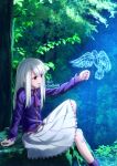  1girl bangs dappled_sunlight dress_shirt eyebrows_visible_through_hair fate/stay_night fate_(series) forest frilled_skirt frills from_side gyatto624 hair_between_eyes highres illyasviel_von_einzbern long_hair long_sleeves medium_skirt nature open_mouth pleated_skirt purple_neckwear purple_shirt red_eyes shirt silver_hair sitting skirt solo straight_hair sunlight twitter_username watermark white_skirt 