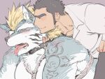  2boys bara bare_pectorals black_collar blue_fur blush collar cutiebell earrings fenrir_(tokyo_houkago_summoners) furry interspecies jewelry large_pectorals long_sideburns male_focus master_3_(tokyo_houkago_summoners) mohawk multiple_boys muscular muscular_male pectorals petting rope saliva sexually_suggestive shibari shirt short_hair sideburns thick_eyebrows tokyo_houkago_summoners tongue tongue_out two-tone_fur white_fur white_shirt wolf_boy yaoi 