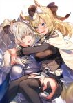  2girls :d animal_ear_fluff animal_ears arknights armor arms_around_neck bangs black_bow black_gloves black_headwear black_legwear blemishine_(arknights) blonde_hair blue_eyes blush bow breastplate breasts brown_eyes cape carrying commentary_request embarrassed eyebrows_visible_through_hair fang garrison_cap gloves grey_hair hair_bow has_otm hat horse_ears horse_girl horse_tail long_hair long_sleeves looking_at_another medium_breasts multiple_girls open_mouth plate_armor ponytail princess_carry short_eyebrows skin_fang smile sweatdrop tail thick_eyebrows thighhighs vambraces whislash_(arknights) white_cape 