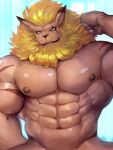  1boy abs animal_ears arm_behind_head bara blonde_hair blue_eyes brown_fur completely_nude digimon earrings fuga9 furry groin jewelry large_pectorals leomon lion_boy lion_ears male_focus muscular muscular_male navel nipples nude pectorals scar scar_across_eye scar_on_arm short_hair smile solo stomach 