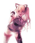  :p animal_ears bangs bare_shoulders black_choker black_gloves black_legwear black_shirt black_shorts blonde_hair blue_eyes bracelet braid breasts cat_ears choker clothing_request collarbone cowboy_shot danganronpa_(series) danganronpa_v3:_killing_harmony fake_animal_ears fangs fingerless_gloves fishnet_legwear fishnets gloves gwanlamcha hair_between_eyes hand_on_own_thigh highres iruma_miu jewelry large_breasts leaning_forward long_hair looking_at_viewer micro_shorts middle_finger mismatched_legwear o-ring o-ring_choker o-ring_top open_fly open_mouth panties see-through shirt shorts side-tie_panties side_ponytail simple_background solo spiked_bracelet spikes thighhighs tongue tongue_out underwear white_background 