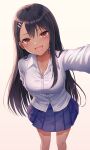  1girl :d arm_behind_back arm_up black_hair blue_skirt blush breasts brown_eyes cleavage collared_shirt commentary_request dark_skin dark_skinned_female dress_shirt ear_clip fang feet_out_of_frame hair_ornament hairclip highres ijiranaide_nagatoro-san long_hair long_sleeves looking_at_viewer looking_back medium_breasts miniskirt nagatoro_hayase open_mouth outstretched_arm pleated_skirt seungju_lee shirt skin_fang skirt smile solo standing straight_hair very_long_hair 