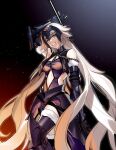  1girl armor armored_boots armored_dress black_background black_legwear boots breasts chain cleavage fate/grand_order fate_(series) gauntlets headpiece highres holding hug_(yourhug) jeanne_d&#039;arc_(alter)_(fate) jeanne_d&#039;arc_(fate)_(all) long_hair looking_at_viewer silver_hair smile solo sword thighhighs very_long_hair weapon 