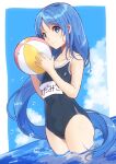  1girl alternate_costume ball bangs bare_arms bare_legs bare_shoulders beachball black_swimsuit blue_eyes blue_hair blue_sky blue_swimsuit cloud collarbone commentary_request commission competition_school_swimsuit cowboy_shot day eyebrows_visible_through_hair flat_chest gradient_hair holding holding_ball kantai_collection long_hair looking_at_viewer mitsuyo_(mituyo324) multicolored_hair name_tag one-piece_swimsuit outdoors samidare_(kancolle) school_swimsuit sky smile soaking_feet solo standing swept_bangs swimsuit very_long_hair wading water 