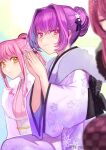  3girls asakou_(n_morninglight) blush fate/grand_order fate_(series) flower hair_bun hair_flower hair_ornament highres japanese_clothes kimono long_hair looking_at_viewer medb_(fate) medb_(fate)_(all) multiple_girls obi pink_hair ponytail purple_hair red_eyes sash scathach_(fate) scathach_(fate)_(all) scathach_skadi_(fate) smile very_long_hair yellow_eyes 