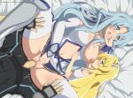  1boy 2girls armor bisexual_(female) blonde_hair blue_eyes blue_hair breasts clothed_sex covering_mouth detached_sleeves eufoniuz ffm_threesome fingering greaves group_sex hair_ornament highres jewelry kisaragi_alice leg_grab licking long_hair looking_at_viewer m_legs missionary multiple_girls navel necklace nipple_licking nipples one_breast_out open_mouth penis pussy sentouin_haken_shimasu! sentouin_roku-gou sex shoulder_armor skirt skirt_lift snow_(sentouin_haken_shimasu!) spread_legs thighhighs threesome vaginal 