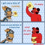  2021 anthro bovid box caprine comic cookie dasoupguy dialogue domestic_sheep duo eating english_text food hi_res holding_object horn humor machine male mammal open_mouth protogen reboot_(character) robot sheep soup_(dasoupguy) standing text url 