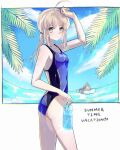  1girl absurdres ahoge artoria_pendragon_(all) backless_swimsuit bangs blue_swimsuit bottle breasts closed_mouth collarbone competition_swimsuit cowboy_shot eyebrows_visible_through_hair fate/grand_order fate_(series) from_side grey_eyes hair_between_eyes highres holding holding_bottle long_hair low_ponytail nayu_tundora one-piece_swimsuit shiny shiny_hair sidelocks silver_hair small_breasts solo standing swimsuit 