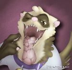  2021 anthro bell bell_collar big_tongue bodily_fluids collar domestic_ferret gesture male mammal mouth_shot muffin_(themuffinly) mustela mustelid musteline pointing saliva solo teeth themuffinly true_musteline 