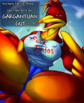  antho avian banjo-kazooie beak big_breasts bird breasts breegull clothed clothing dew_dragon dialogue eyelashes feather_hands feathered_wings feathers female green_eyes kazooie low-angle_view multicolored_feathers rareware red_feathers text thick_thighs video_games wings yellow_feathers 