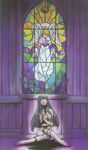  absurdres blood breasts c.c. closed_eyes code_geass green_hair highres kimura_takahiro long_hair medium_breasts nude ookouchi_ricca pain sitting solo stained_glass window 