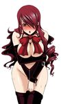  artist_request blush bow bowtie breast_rest breast_squeeze breasts elbow_gloves gloves hair_over_one_eye kirijou_mitsuru large_breasts leaning_forward leather long_hair persona persona_3 red_hair solo thighhighs 