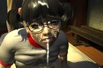  1girl 3d black_hair cum cum_in_mouth cum_on_glasses cum_on_hair cumdrip eye_contact facial glasses gym_uniform looking_at_another pov shirt_lift twintails 