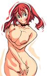  areolae breast_hold breast_squeeze breasts choker embarrassed huge_breasts kei_(bekei) nipples nude original pubic_hair red_hair solo trembling wide-eyed 