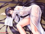  areolae black_hair blush breasts galge.com japanese_clothes kimono kuraki_hiro legs long_hair lying medium_breasts nipples no_bra on_side purple_eyes see-through solo very_long_hair wallpaper wet wet_clothes 