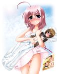  ahoge bad_id bad_pixiv_id blue_eyes blush caro_ru_lushe fate_testarossa highres kurogane_(majesticrune) lyrical_nanoha mahou_shoujo_lyrical_nanoha_strikers no_panties pantyhose pink_hair solo white_legwear yagami_hayate 