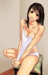  black_hair breasts buresu cleavage covering covering_crotch grin hands large_breasts long_hair original shirt_tug smile solo 