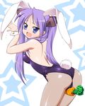  :o animal_ears armpits ass back backless_outfit bent_over between_thighs blue_eyes blush breasts bunny_ears bunny_girl bunny_tail bunnysuit cameltoe carrot covered_nipples embarrassed fishnet_pantyhose fishnets from_behind hair_ribbon hiiragi_kagami long_hair looking_back lucky_star open_mouth pantyhose purple_hair ribbon shiny shiny_clothes small_breasts solo star sweat sweatdrop tail tanuki_yousuke tsurime twintails wrist_cuffs 