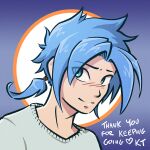  1boy aqua_eyes blue-haired_boy_(how_to_draw_manga) blue_hair blush english_commentary english_text eyebrows_visible_through_hair eyes_visible_through_hair how_to_draw_manga katy_coope male_focus official_art short_hair short_ponytail smile solo spiked_hair 