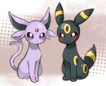  :3 blush closed_mouth commentary_request espeon forked_tail gen_2_pokemon no_humans paws pokemon pokemon_(creature) purple_eyes red_eyes sitting smile tail tansho toes umbreon 
